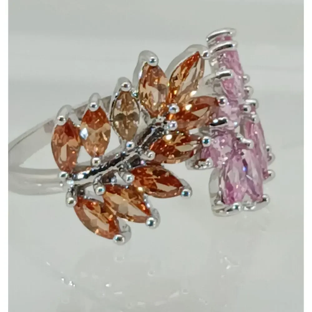 Vintage‎ Ring Size 9.5 Silver Tone White Gold GP Pink Champagne Amber CZ Spray